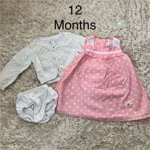 Baby Girl Easter Dress Outfit 12M Pink Polka Dot Dress Cardigan Bloomer Set